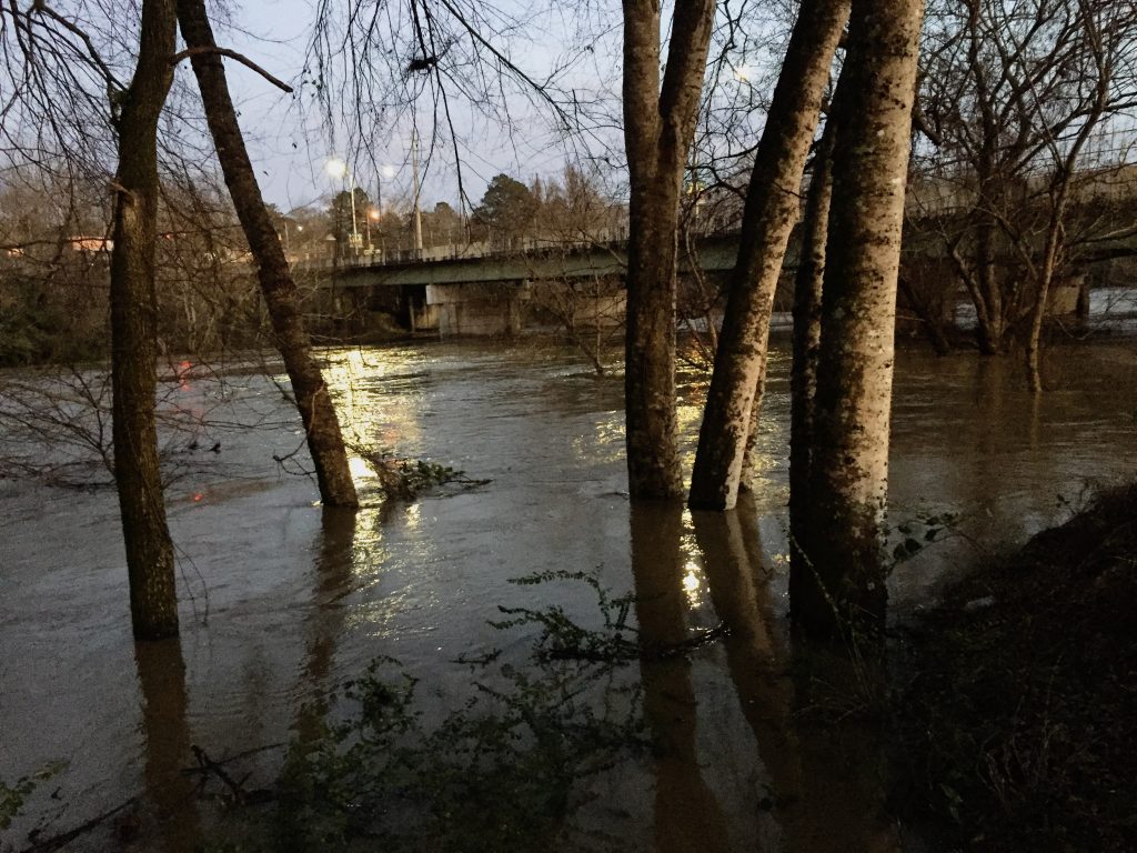 The Cahaba during the peak of the flood, just before sunset on December 28, 2018.
